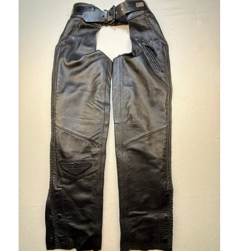Harley Davidson Chaps Men M Black Willie G Leather Braided Trim Biker Moto USA
